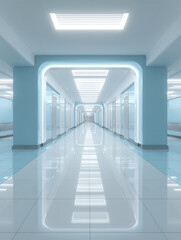 Fototapeta premium AI-generated image of a futuristic minimalist hospital corridor interior, featuring a wide clean medical hallway with blue walls and glowing lighting.