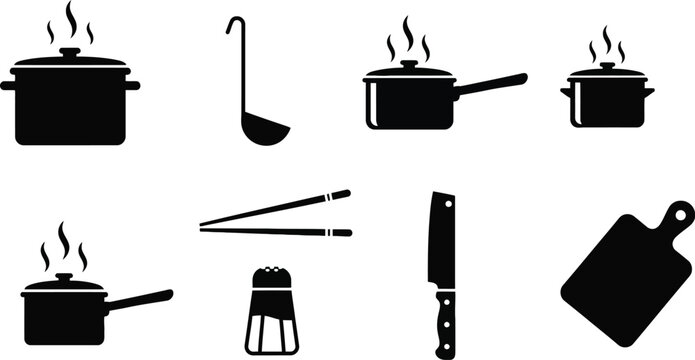 Cooking utensils silhouette collection pots ladle tongs knife and cutting board
