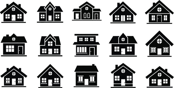 Black silhouette house icons set diverse architectural styles