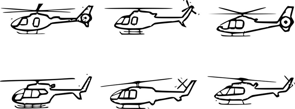 helicopter collection with six side view sketch style variations and rotor blade motion lines ink doodle vector illustration
