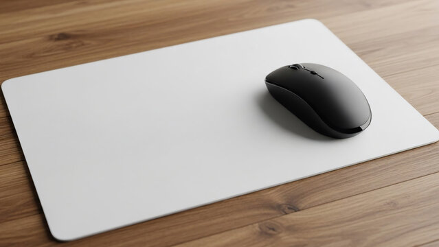 Minimalist Black Computer Mouse Resting on a Clean White Mousepad on a Wooden Desk Surface