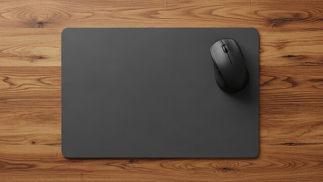 Minimalist dark mouse and mat on rustic wooden desk background