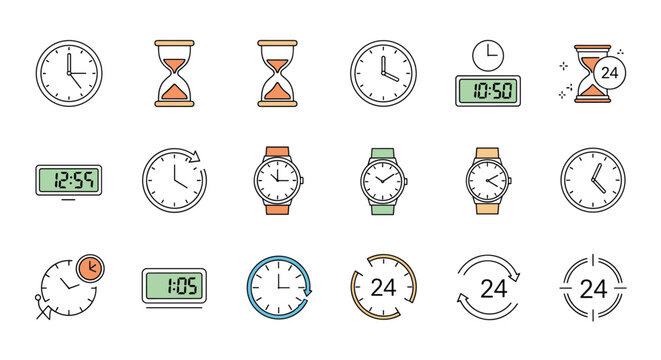 Varied collection of time measurement icons including analog wall clocks hourglasses digital watches and symbols for twenty four hour service.