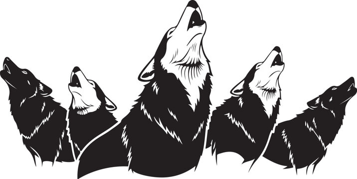Five black wolves howling together in a style wolf animal