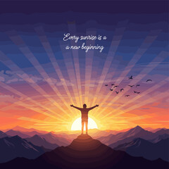 A person stands with arms outstretched on a mountain peak, embracing the radiant sunrise symbolizing a new beginning. © Syaiin