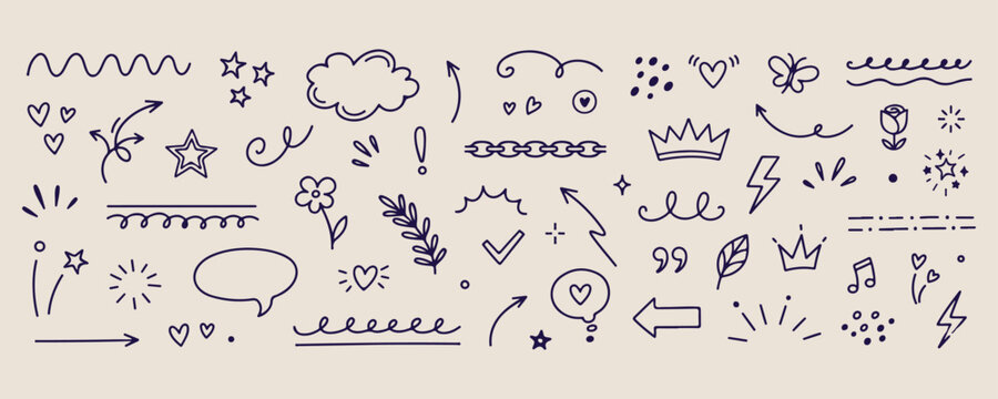 Minimal hand drawn abstract lines set, presentation arrow dividers line illustration, hand drawn cloud leaf crown doodle background, expressive strokes dots squiggles elements, creative separator shap