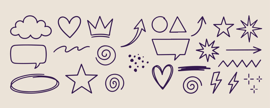 Minimal hand drawn geometric shapes set, abstract arrows text box line illustration, hand drawn crown spiral divider doodle background, expressive strokes triangle circle elements, framing accent mark