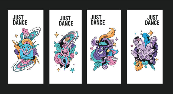 Vibrant just dance posters featuring surreal and psychedelic art with crystals, skulls, and abstract cosmic elements in space.