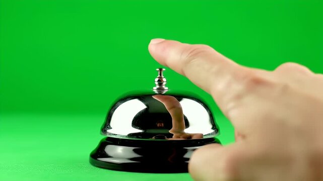 Finger Pressing Chrome Service Bell on Green Screen Background For Hotel Services and Customer