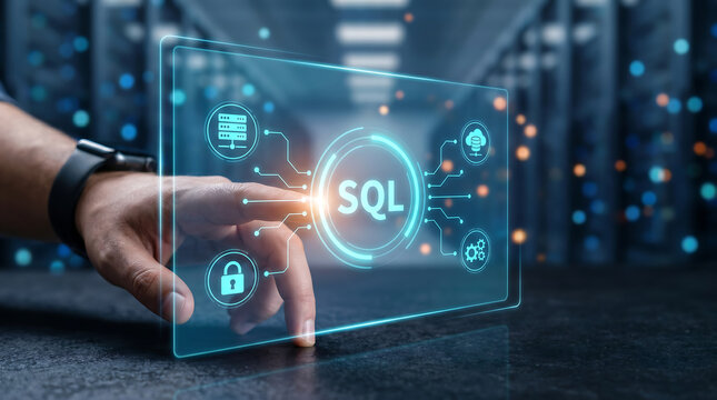 Hand touching sql interface on a digital screen representing database management and data