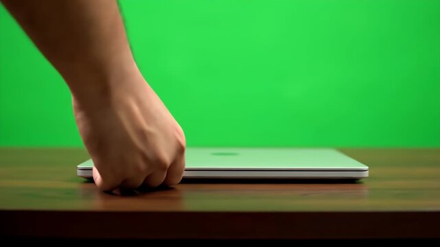 Hand Placing Laptop Down on Wooden Table Against a Vibrant Green Screen Backdrop for Tech