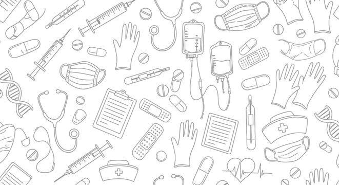 Medical Supplies and Healthcare Equipment Doodle Pattern.