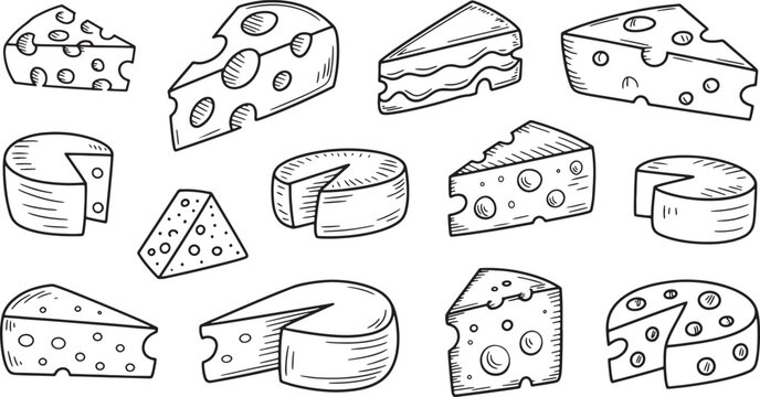 Cheese set hand drawn in vintage style, different types of cheese vector illustration for dairy product design. Vector Illustration