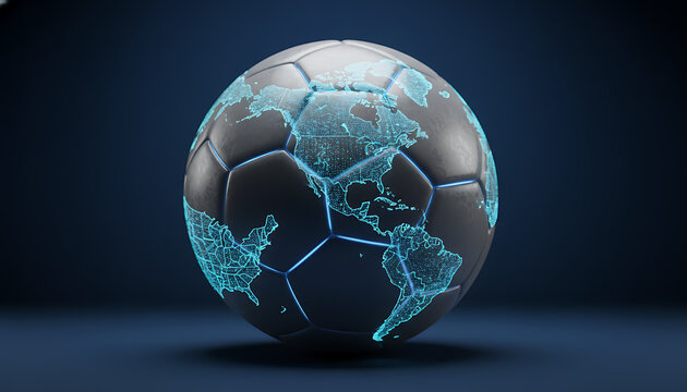 Close up view of a generic soccer ball with blue glowing world map on dark background