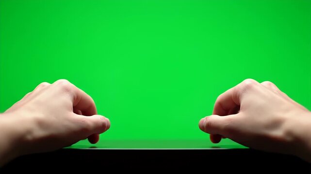 Hands Pressing on a Black Surface Against a Green Screen Backdrop. Isolated Human Hands on Green