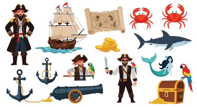 Fun set of pirate adventure illustrations including a captain, ship, treasure map, gold coins, parrot, and ocean creatures.