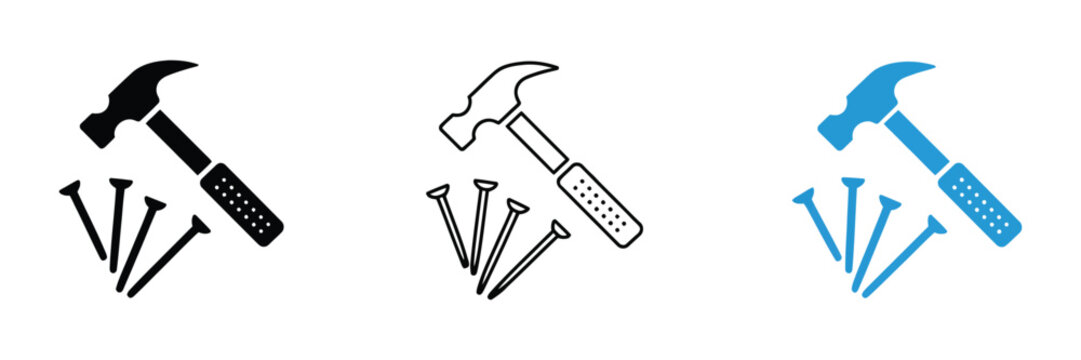 Simple black and white line icon of hammer striking nail construction repair DIY vector illustration set
