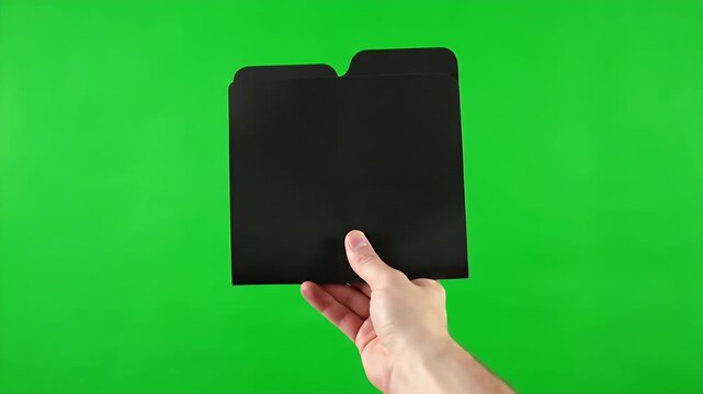 Human hand holds a black paper file folder on a green screen for compositing use in video project
