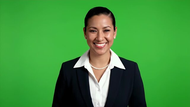 Smiling Brunette Businesswoman in Dark Suit and White Blouse on Green Screen Background Presenting