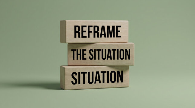 Wooden blocks spell out reframe the situation on a green background suggesting a new