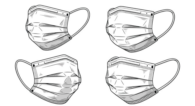 Detailed line art illustrations of medical face masks from different perspectives highlight essential personal protective equipment for health and safety.