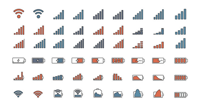 Large set of mobile phone status bar icons including various levels of network signal strength, wifi connectivity, and battery charge status.