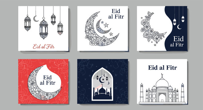 Collection of Eid al-Fitr celebration cards featuring islamic motifs such as lanterns, crescent moons, and mosque silhouettes in various artistic styles.