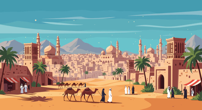 Detailed illustration of an ancient desert city with sand-colored buildings, domes, minarets, palm trees, and people with camels under a clear sky.