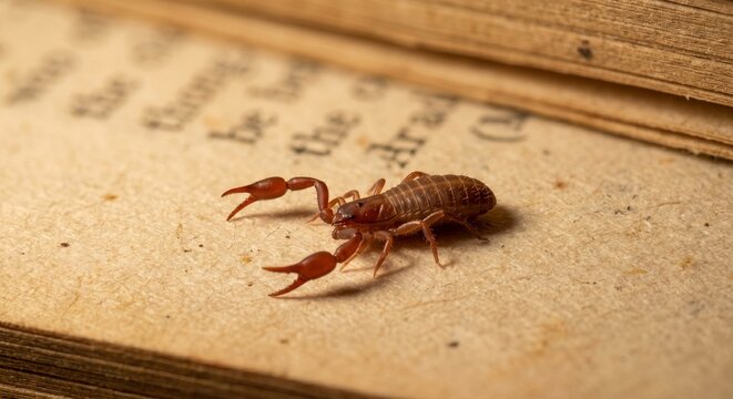 Book scorpion Pseudoscorpion on old vintage book page