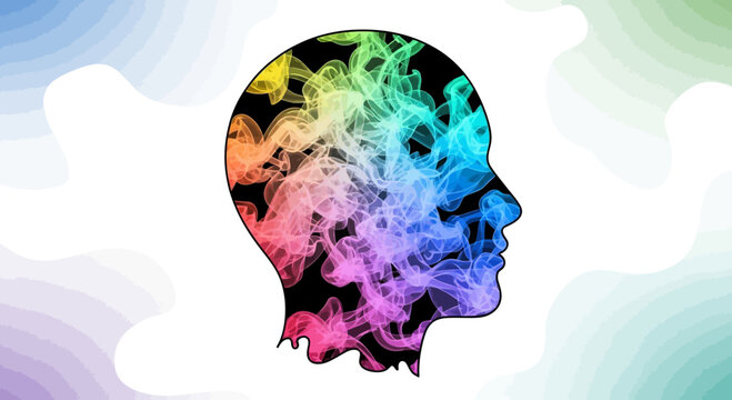 Colorful Smoke Fills Silhouette Head Profile, Abstract Mind Concept