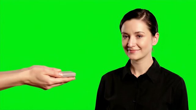 Woman Receiving Phone on Green Screen Background with Smiling Expression in Black Shirt