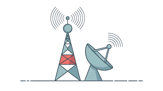 radiotower and satellitedish on ground with signalwaves