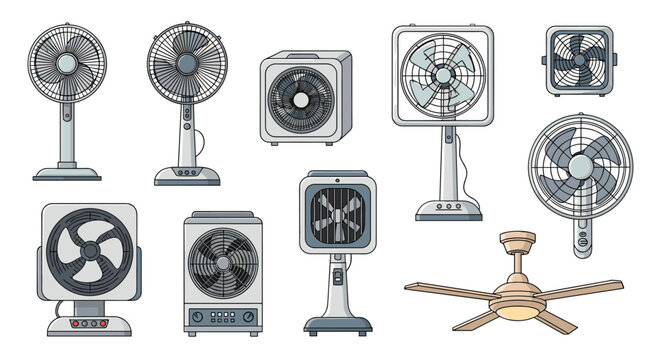 Collection of various electric fan models including floor fans, table fans, box fans, and a ceiling fan in modern design.