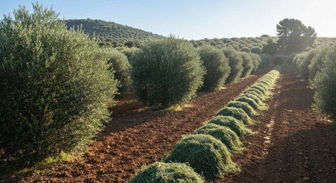 Rows of olive trees in a field, with a grassy area between them and a hill in the distance