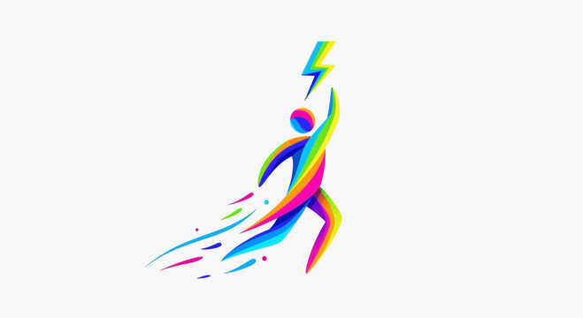 Colorful abstract runner holding a lightning bolt, symbolizing speed, energy, and success