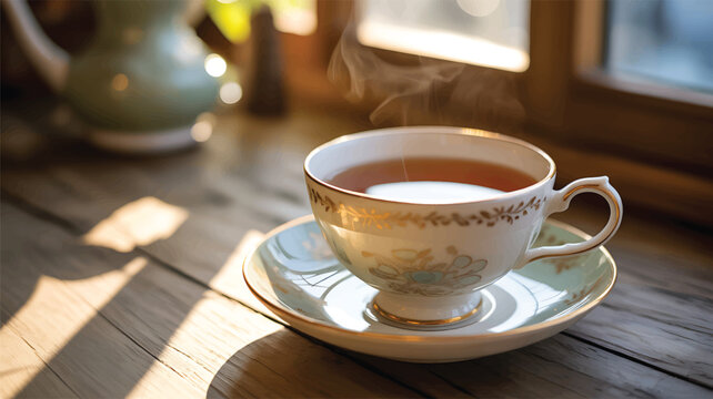 Steaming cup of tea on a saucer on a wooden table by the window