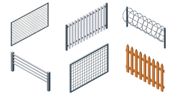 Collection of various isometric fence designs including chain link, wooden picket, metal railing, and barbed wire security fences.