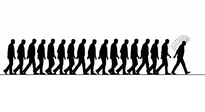 Conformity vs Individuality A Line of Silhouettes Breaking Free
