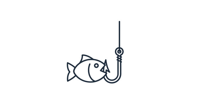 Fishing hook with a fish biting on a white background, simple line art icon