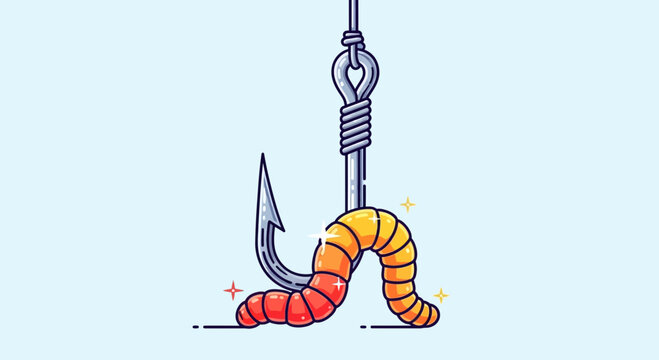 Fishing hook with a wriggling worm bait on a light blue background, close-up
