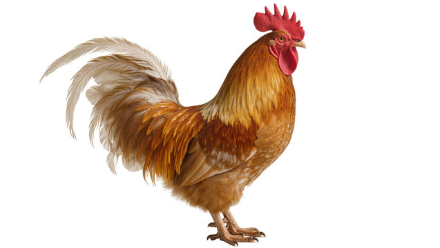 Majestic brown rooster with red comb and flowing tail feathers, isolated on transparent background