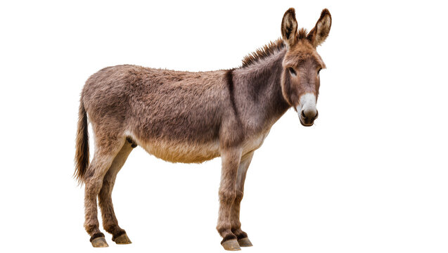 Brown donkey with erect ears standing, isolated on transparent background
