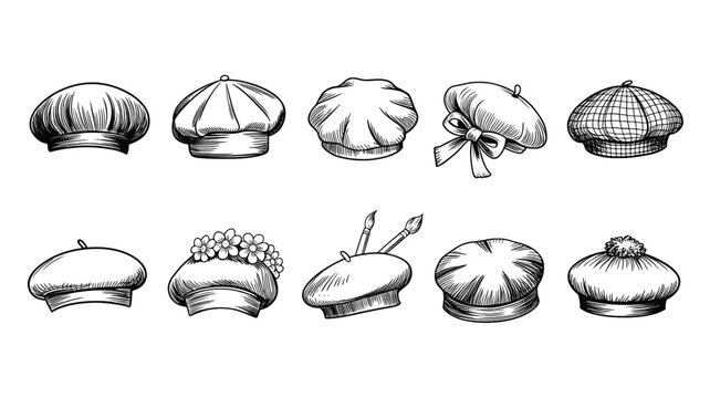 Various types of berets and caps in a sketch style on white background