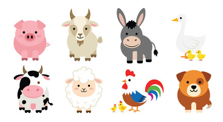 Obraz premium Set of cute cartoon farm animals including a pig goat donkey goose cow sheep rooster and dog in a simple flat illustration style for children.