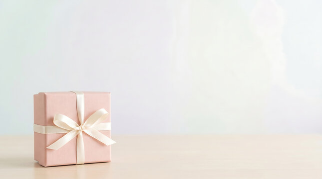 A person gives a pink gift box with a white ribbon on a table indoors.