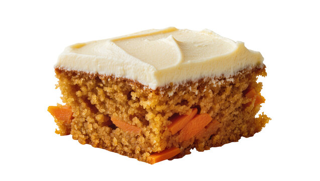Moist carrot cake slice with creamy frosting featuring visible carrot pieces, isolated on transparent background