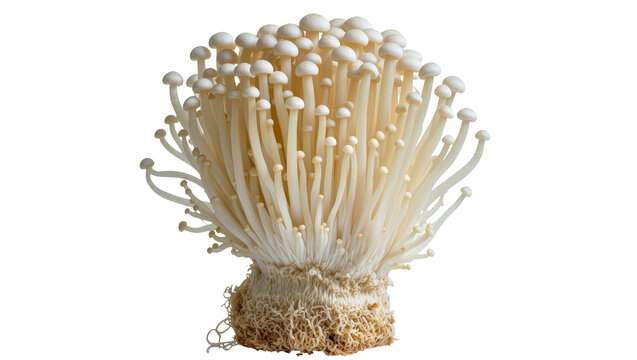 Cluster of enoki mushrooms with fine roots, isolated on transparent background
