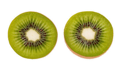 Fototapeta premium Two vibrant green kiwi fruit slices with black seeds, isolated on transparent background