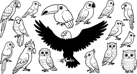 Fototapeta premium Cute cartoon birds vector collection: Black and white line art set with various bird species, including parrots, owls, toucan, eagle, and small songbirds.