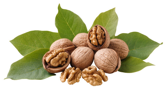 Whole and cracked walnuts with green leaves, isolated on transparent background